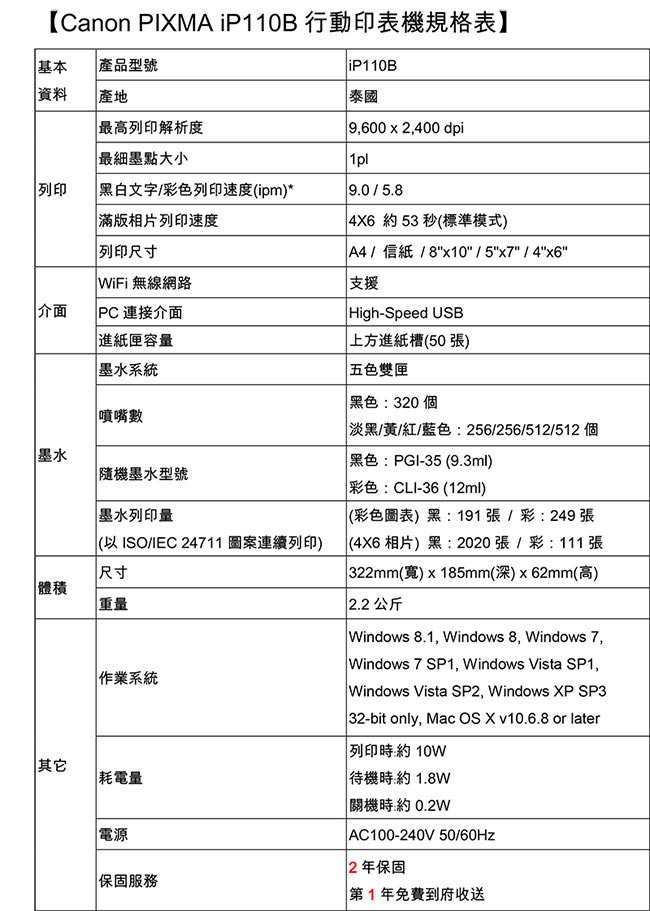 Canon PIXMA iP110B 可攜式彩色噴墨印表機(含電池組)