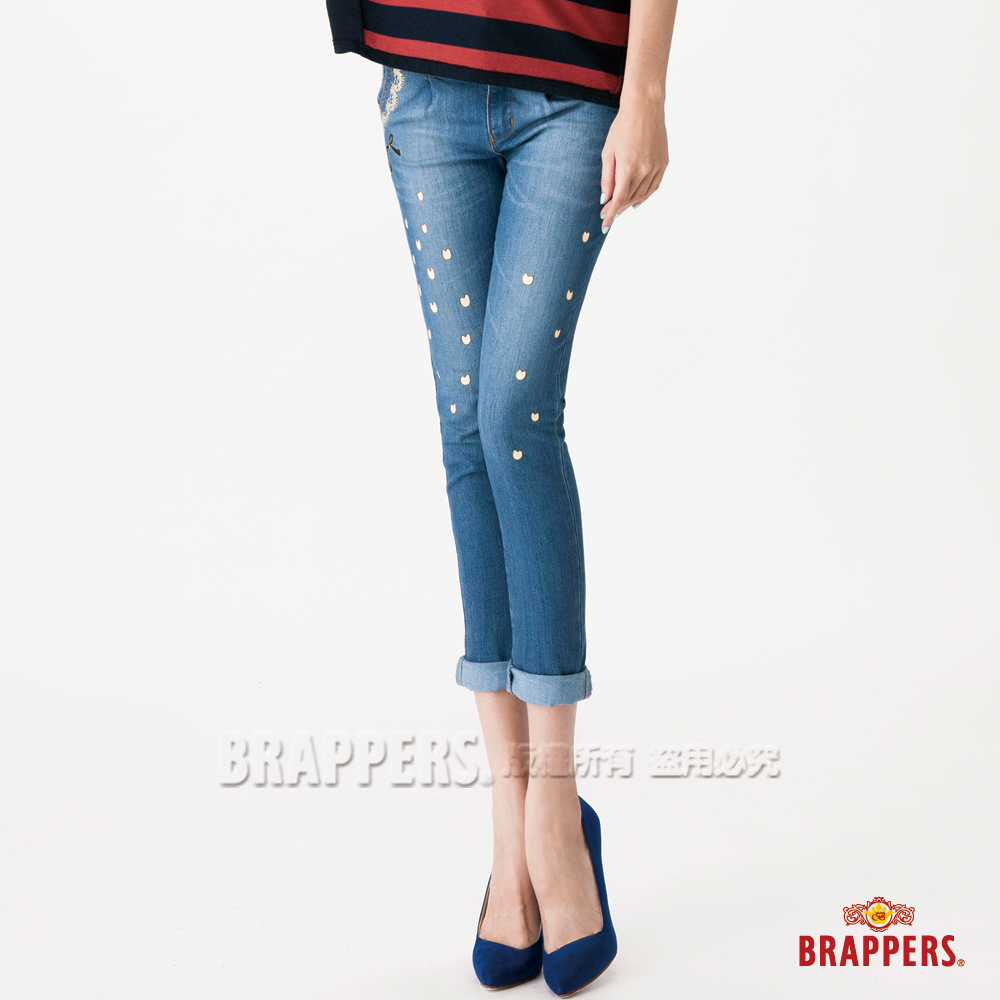 BRAPPERS 女款 BF Ballon系列-女用彈性燈籠八分鑲鑽反摺褲-淺藍