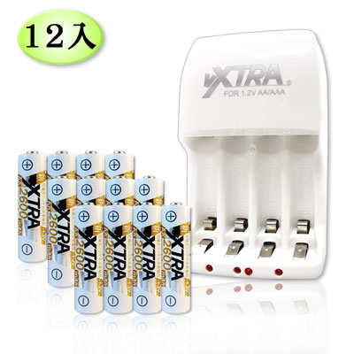 VXTRA 3號高容量2600mAh低自放電池(12顆入)+2A充電器