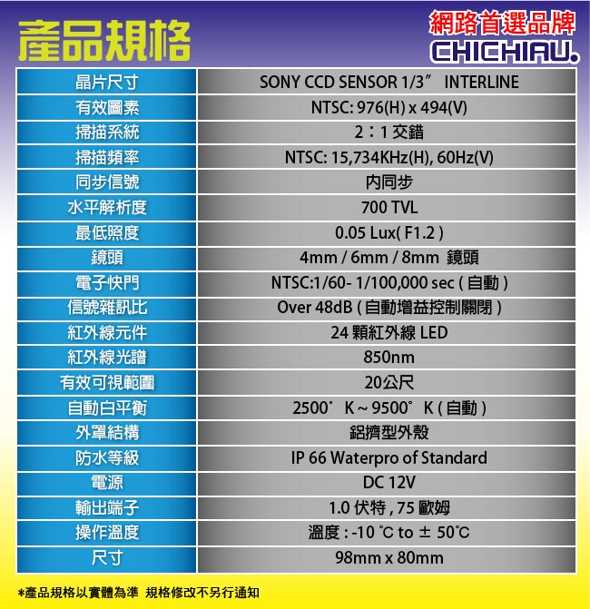 監視器攝影機 - 奇巧CHICHIAU SONY 24燈700TVL高解析平面半球型紅外線