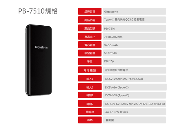 Gigastone PB-7510 Type-C雙向快充QC3.0行動電源