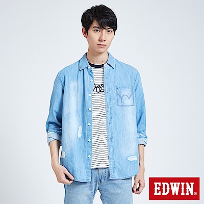 EDWIN 築地系列刷破牛仔長袖襯衫-男-重漂藍