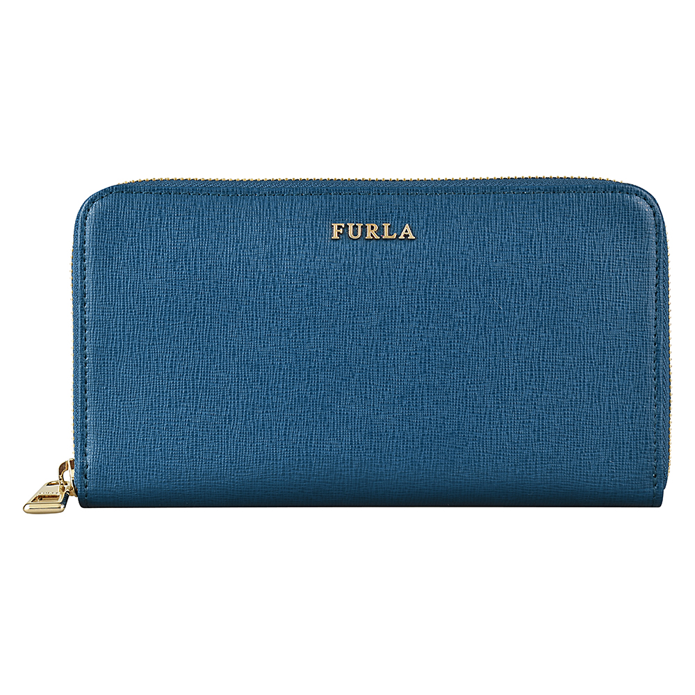 FURLA BABYLON系列金字LOGO防刮皮革拉鍊長夾(杜松藍)