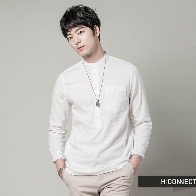 H:CONNECT 韓國品牌 男裝 - 簡約風亨利領襯衫 - 白(快)
