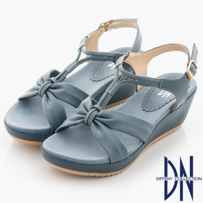 DN 氣質優雅 MIT牛皮蝴蝶結楔型涼鞋-藍