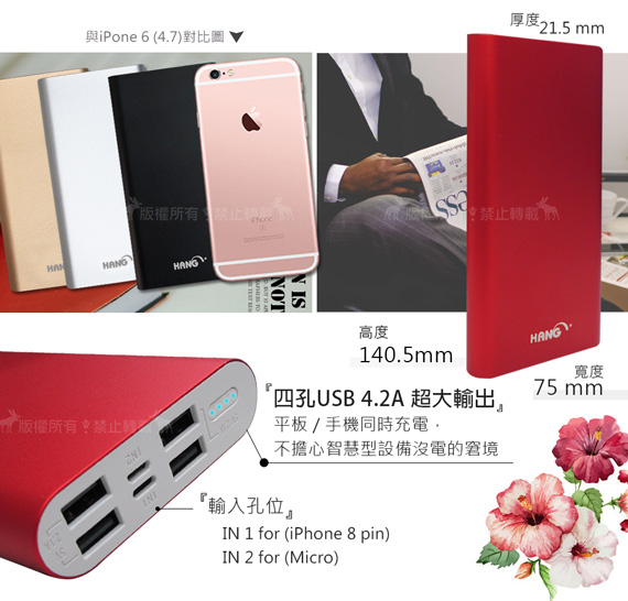 HANG 18000mAh 流線感鋁合金 4孔USB 4.2A超大輸出行動電源