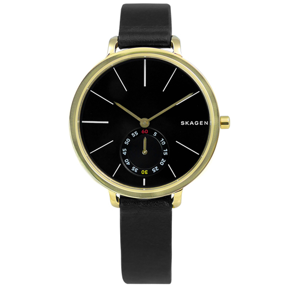 SKAGEN Hagen 簡約俐落曲線輕薄真皮腕錶-黑x金框/34mm