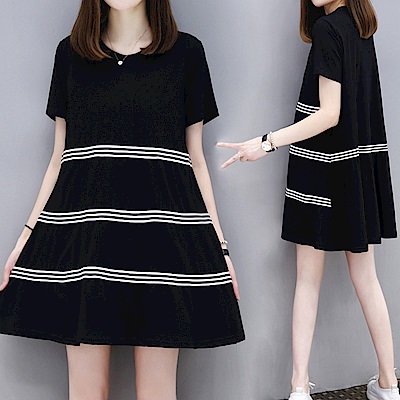 中大尺碼圓領三條黑白條紋壓線滾邊棉質洋裝XL~4L-Ballet Dolly