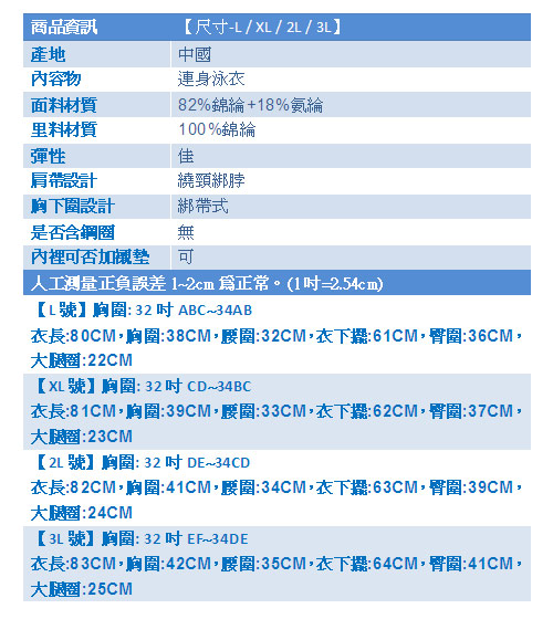 天使霓裳 沁涼亮麗 一件式加大尺碼泳衣(淺藍L~3L)