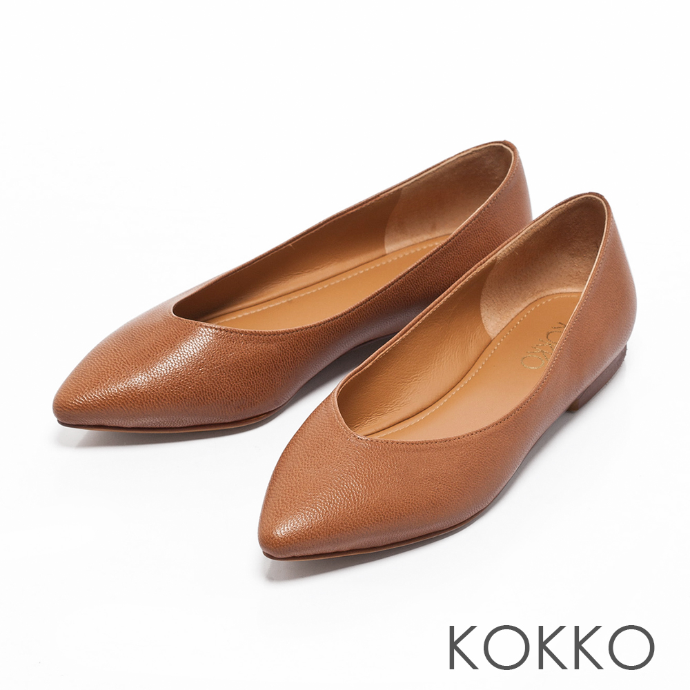 KOKKO - 超軟底復古尖頭真皮平底鞋-淺褐棕
