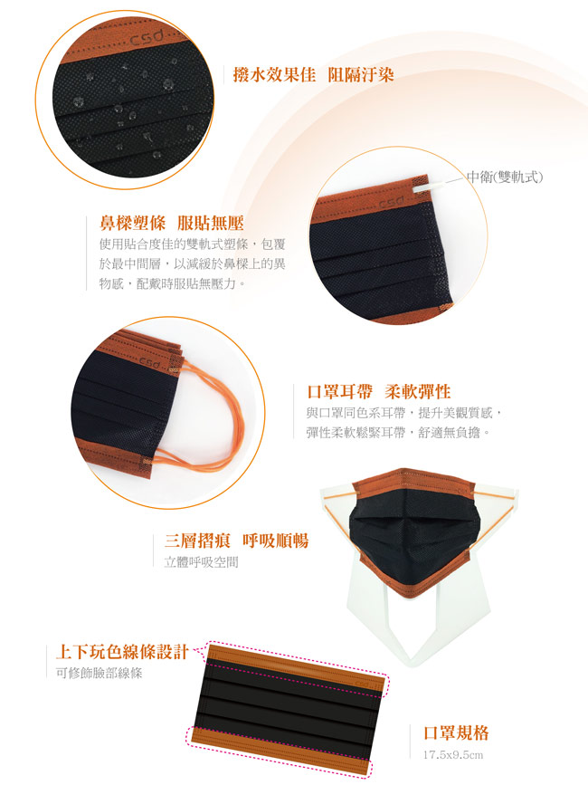 CSD中衛 醫療口罩M-玩色系列(黑+古銅)2盒入(30片/盒)