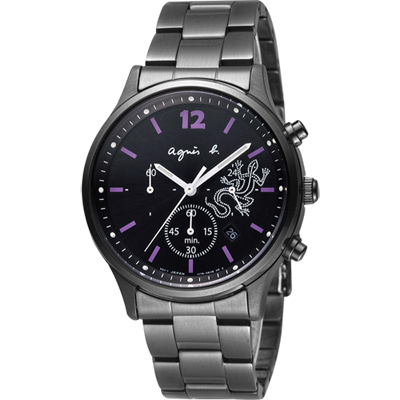 agnes b. 巴黎城市戀人三眼計時腕錶(BU8013P1)-黑x紫時標/39mm
