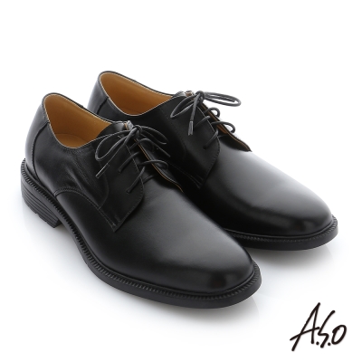 A.S.O 學生鞋 真皮素面綁帶通勤鞋 黑軟皮