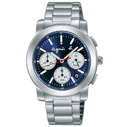 agnes b. 簡約質感時尚三眼計時手錶-藍X銀/38mm