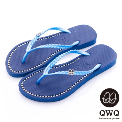 QWQ夾拖的創意(女) - 彩色素面  鞋面施華洛世奇鑽鍊夾腳拖鞋 - 寶石藍