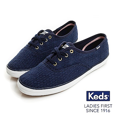 Keds CHAMPION 繡花綁帶休閒鞋-海軍藍