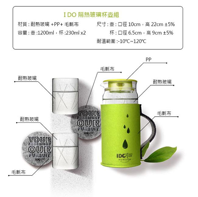 【FORUOR】I DO 耐熱玻璃杯壺組(壺1.2L杯230ml /附隔熱套)