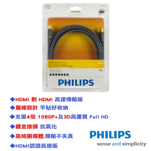 PHILIPS 3米專家型HDMI協會認證高速版扁線線材(SWV4437S)