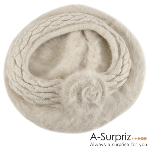 A-Surpriz 玫瑰針織兔毛貝蕾帽(米)