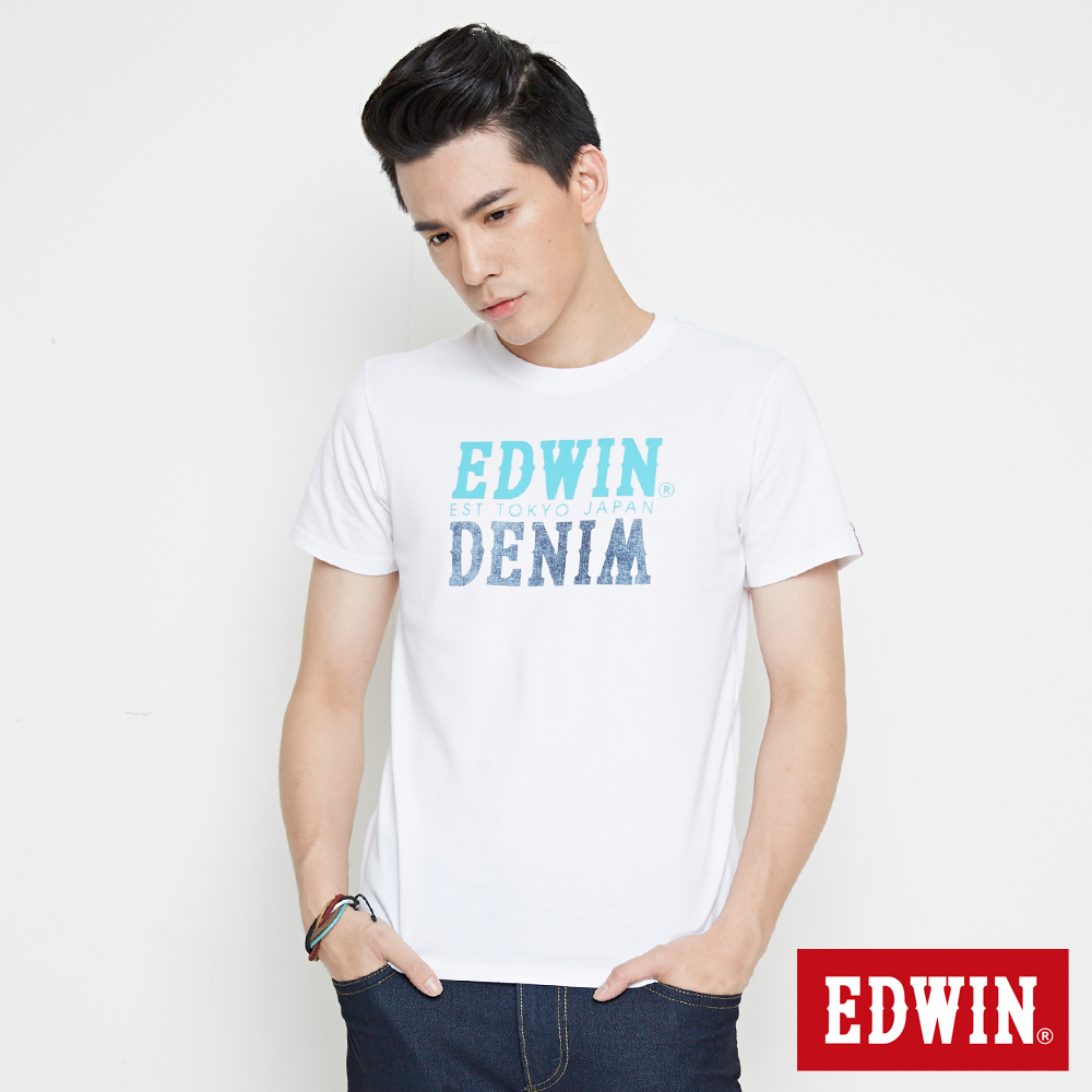 EDWIN DENIM LOGO印花短袖T恤-男-白色