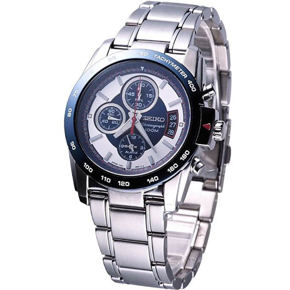 SEIKO 兩地時間多功能計時腕錶-藍/40mm