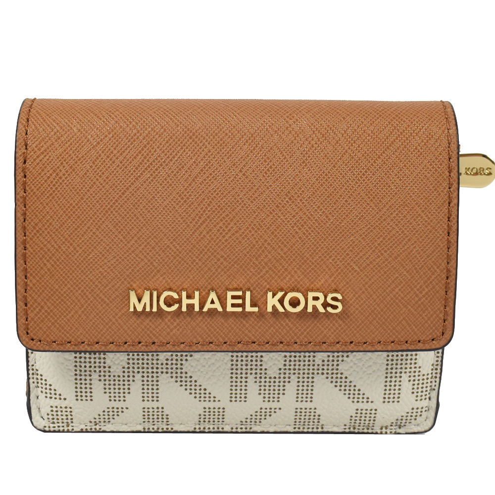 MICHAEL KORS JET SET防刮牛皮拼接PVC扣式零錢夾(白/淺咖)