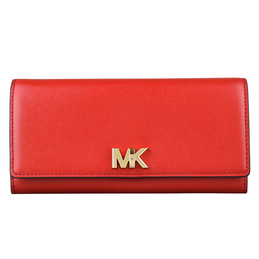 MK MICHAEL KORS MOTT金字MK金屬LOGO滑面皮革轉釦長夾(亮紅)