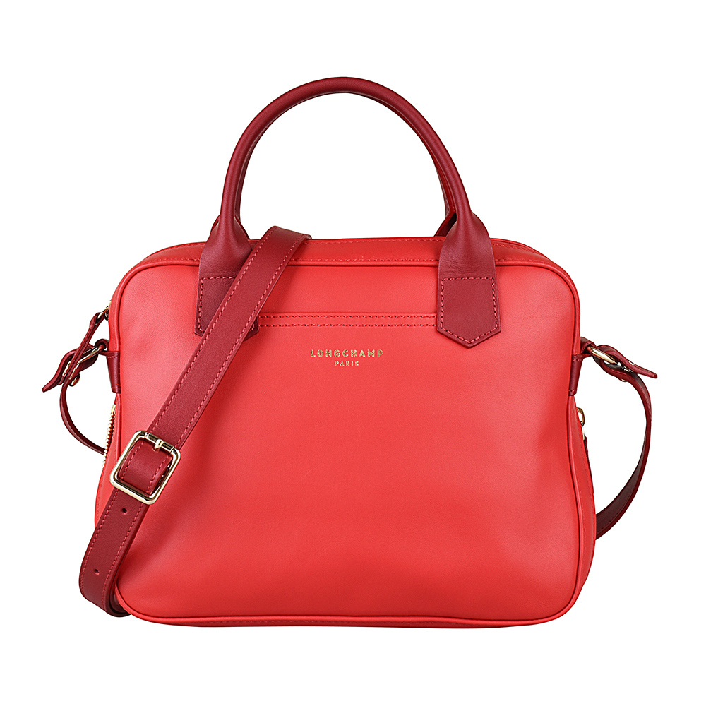 LONGCHAMP 2.0系列燙金LOGO雙色牛皮手提斜背包(罌粟紅x暗紅)