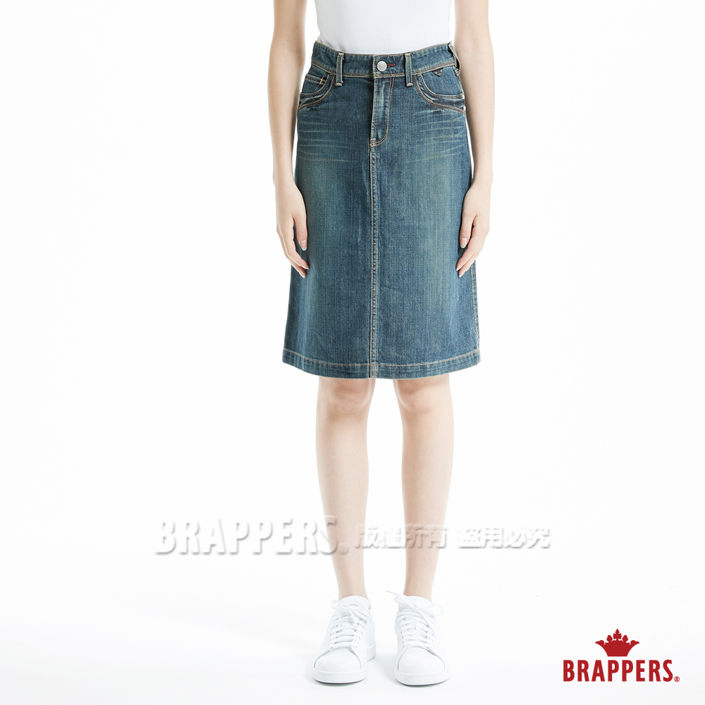 BRAPPERS 女款 新美腳ROYAL系列-彈性鑲鑽七分後開叉裙-深藍