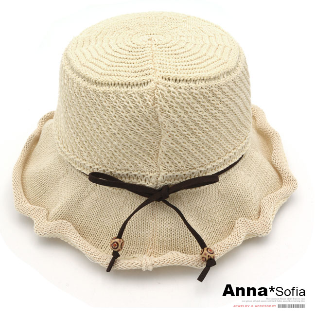 【滿額再75折】AnnaSofia 波浪邊麂綁結線織 軟式平頂盆帽漁夫帽(米杏系)