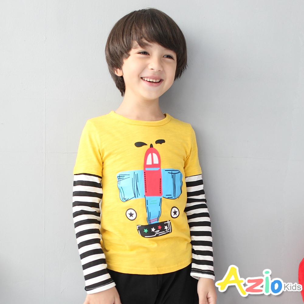 Azio Kids 童裝-上衣 飛機條紋袖假兩件長袖竹節棉T(黃)