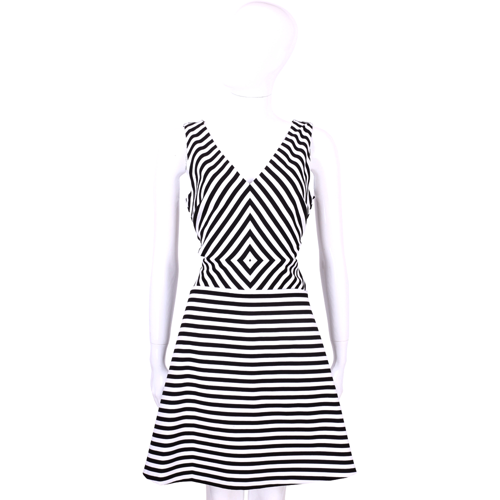 Michael Kors 黑白條紋V領腰簍空設計無袖洋裝