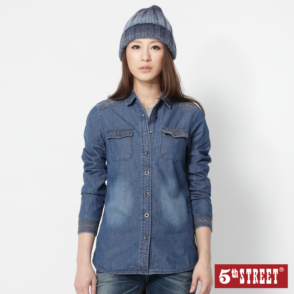 5th STREET 十字袖長袖牛仔襯衫-女-中古藍