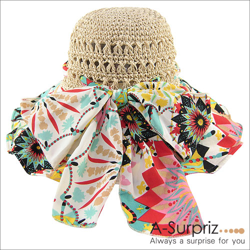 A-Surpriz 夏日風情綁帶印花圖騰布遮陽帽(卡其)