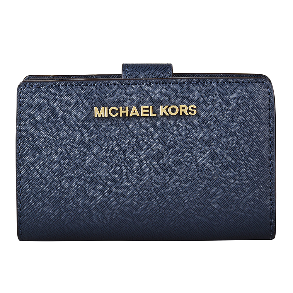 MICHAEL KORS JET SET TRAVEL金字LOGO防刮皮革釦式中夾(深藍)