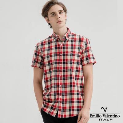 Emilio Valentino范倫提諾水洗格紋襯衫-紅黑