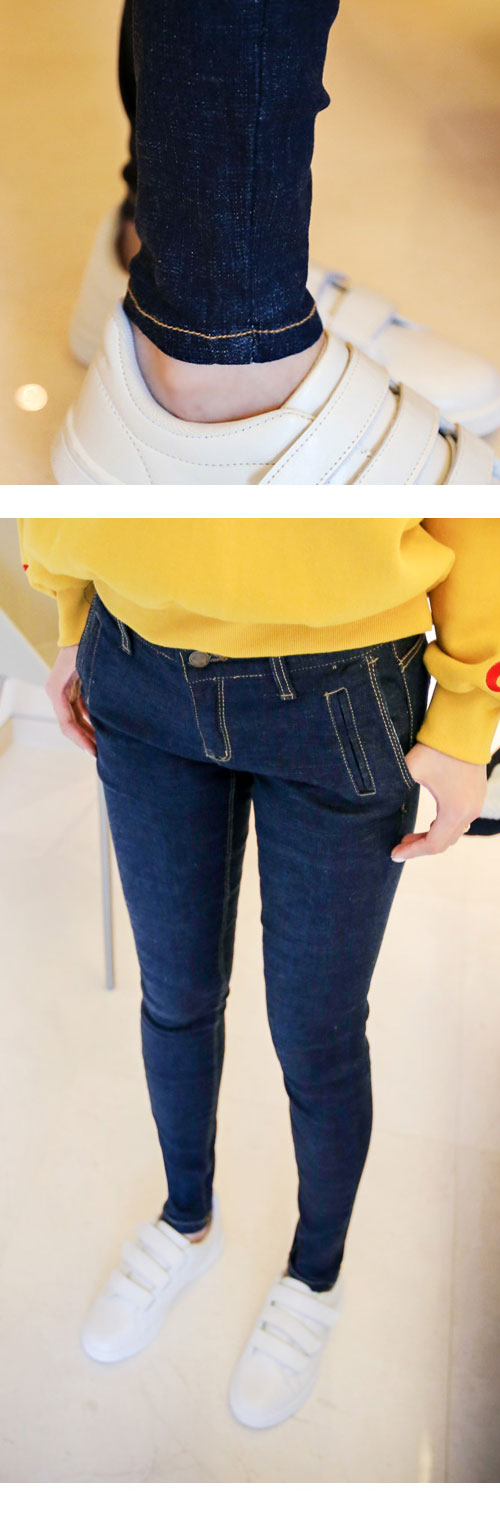 正韓 口袋彈性縫線牛仔窄管褲 (共二色)-100%明洞