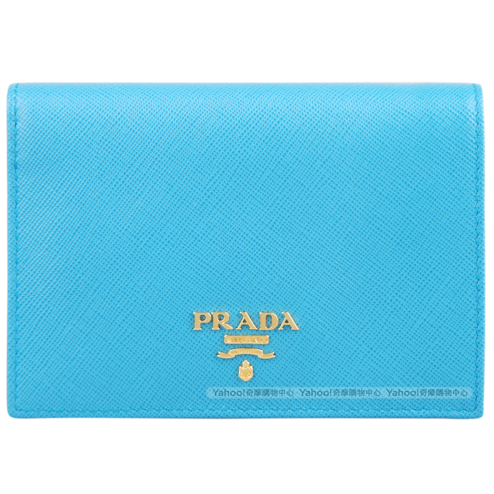 PRADA 金字浮雕LOGO防刮牛皮中夾(水藍)