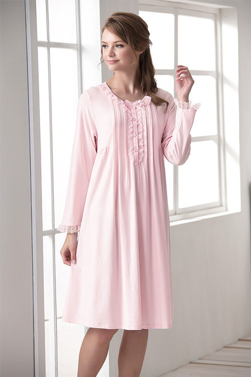 羅絲美睡衣 - 保養系列長袖洋裝睡衣(淺粉色)