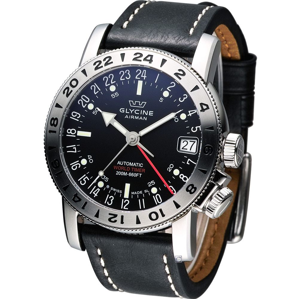 Glycine Airman 17 GMT 兩地時間飛行機械腕錶-黑/46mm