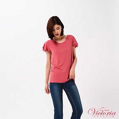 Victoria 異材質荷葉袖型短袖T-女-磚紅