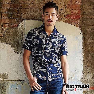 BIG TRAIN 和風印花短袖襯衫-男-深藍