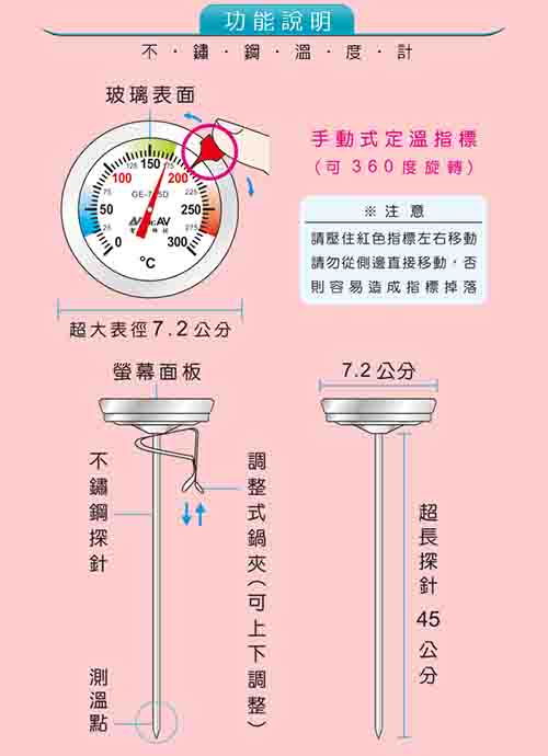 Dr.AV 超大表徑特長型多用途不鏽鋼溫度計(GE-745D)