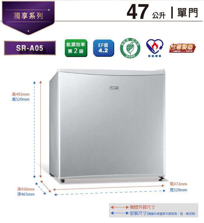 SAMPO聲寶 47L 2級定頻單門電冰箱 SR-A05
