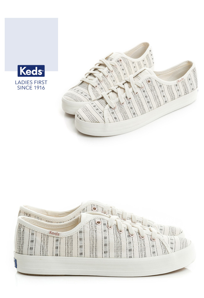 Keds KICKSTART 復古風條紋綁帶帆布鞋-奶油白