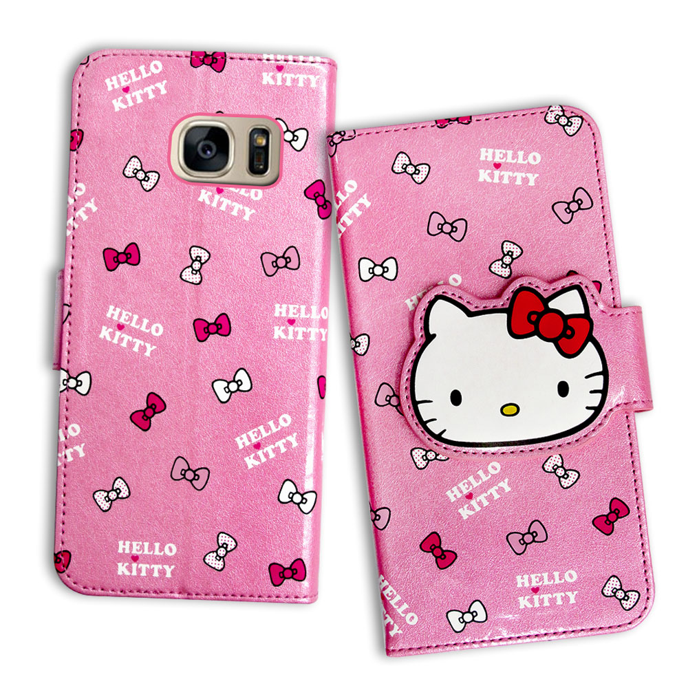 Hello Kitty 三星 Galaxy S7 edge 閃粉絲紋皮套(蝴蝶結粉)