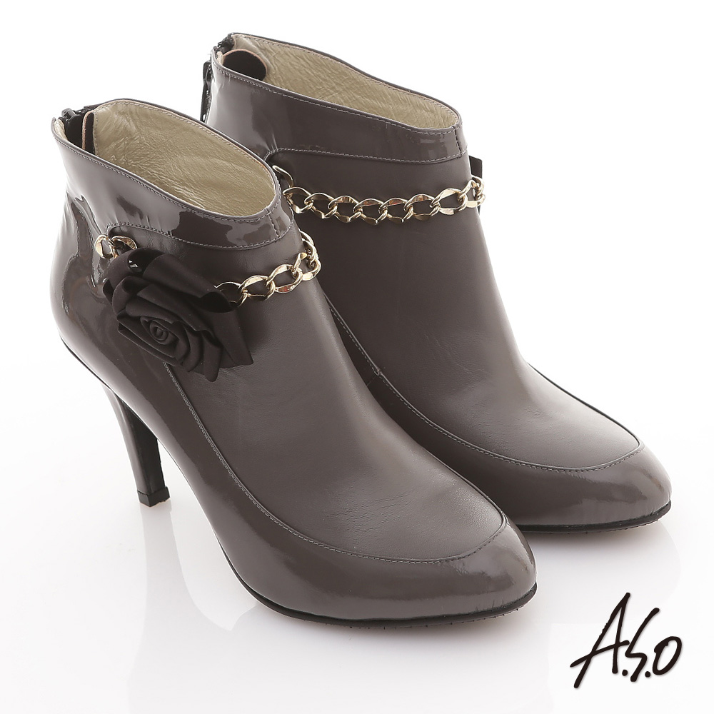 A.S.O 機能美靴 全真皮花朵金鏈奈米踝靴 灰