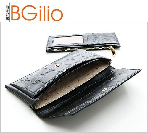 【義大利BGilio】- 鱷魚紋牛皮西式信封長夾(活動式內夾層) 黑色1453.328