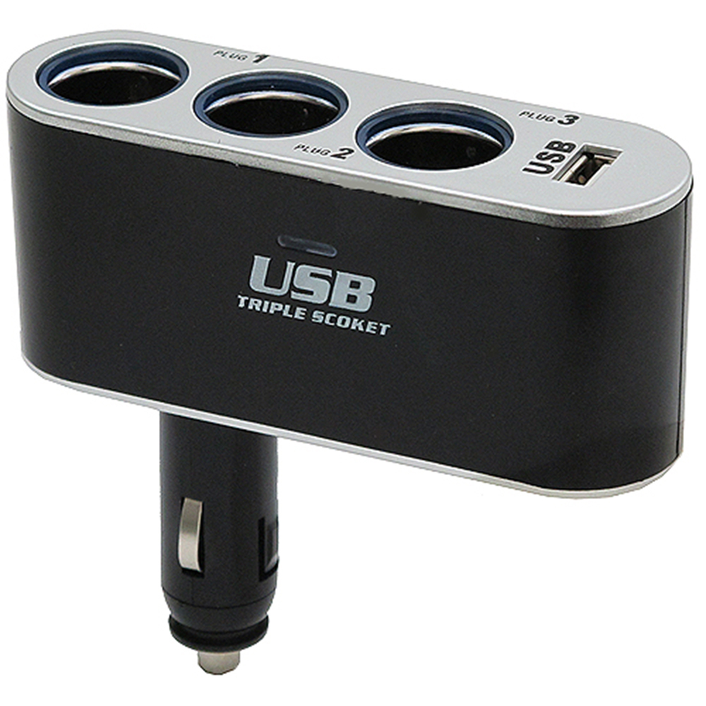 汽車用固定桿三孔+USB輸出孔擴充點煙器(WF-0100)