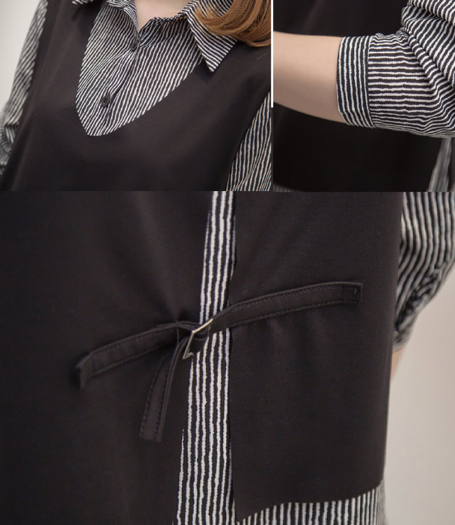 中大尺碼假兩件條紋襯衫拼接黑色背心袖釦長版上衣XL~4L-Ballet Dolly